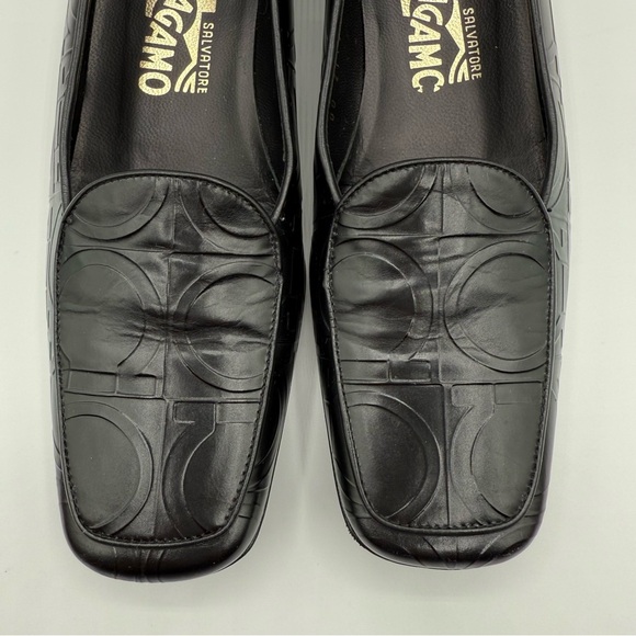 VTG Salvatore Ferragamo Black Leather Embossed Sorbet Nero PebbleSlip On Loafers - Picture 17 of 17